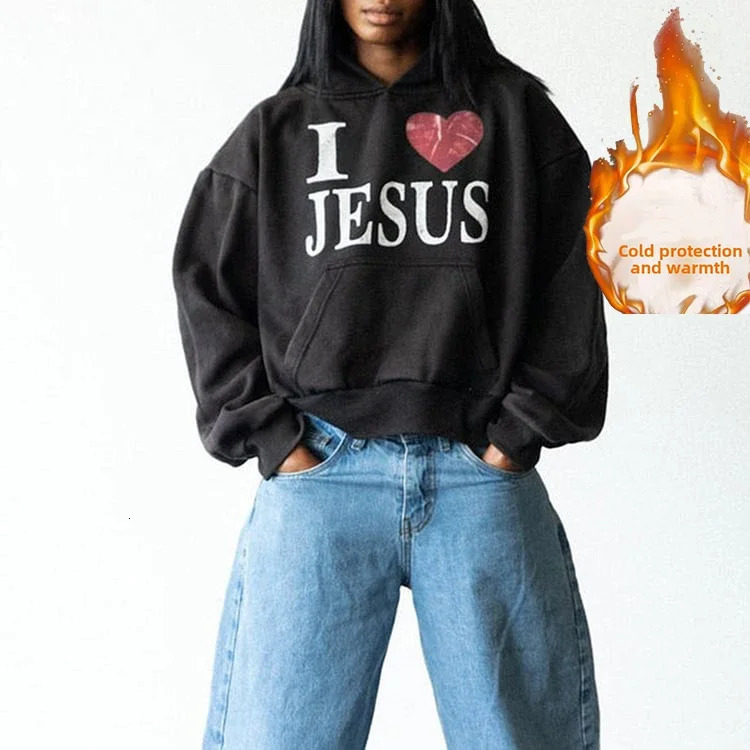 autumn and winter cashmere thick washed hoodie I Love Jesus Print Graphic Black Acid Washed Pullover Hoodie 241019