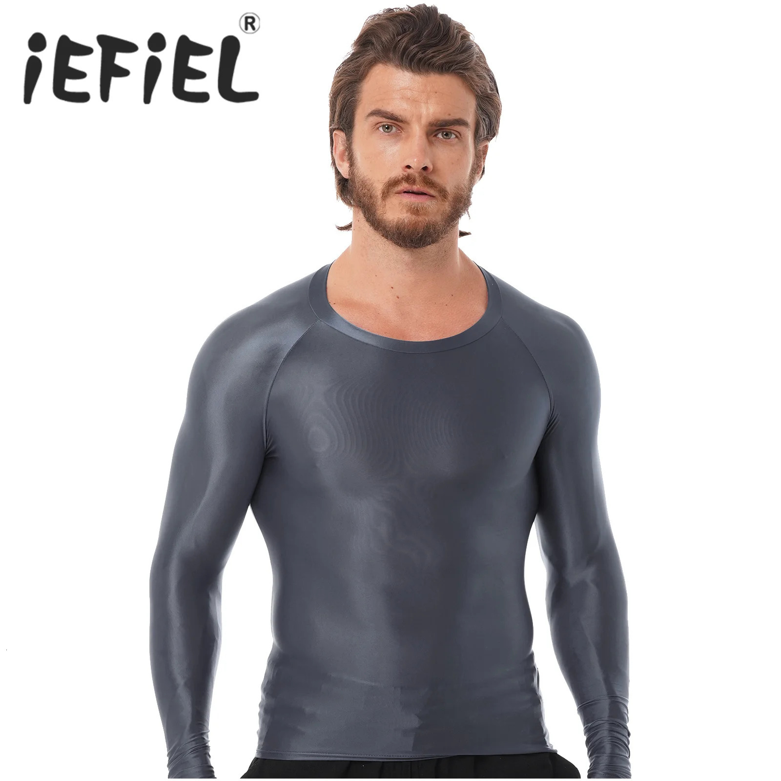 Mens smooth sports top long sleeved T-shirt solid color slim fit breathable fitness gymnastics sports top yoga beach swimsuit 241019