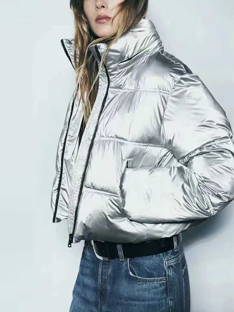 Women's Down Parkas TRAFZA Womens Warm Bread Jacket Zipper Metal Short Jacket Thick Windproof and Rainproof Warm Jacket Y2410196KQ4
