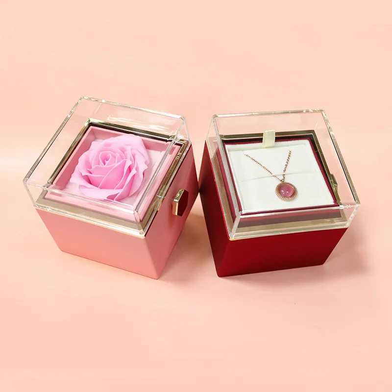 New Rotating Rose Jewelry Gift Box Valentines Day Wedding Acrylic Ring Box Necklace Storage Rose Jewelry Display Stand W241019
