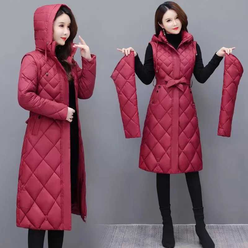 Women Winter Jacket Lightweight Down Cotton Jacket New Long Sleeved Detachable Mid Long Parkas Warm Female Winter Coat OuterwearX241019