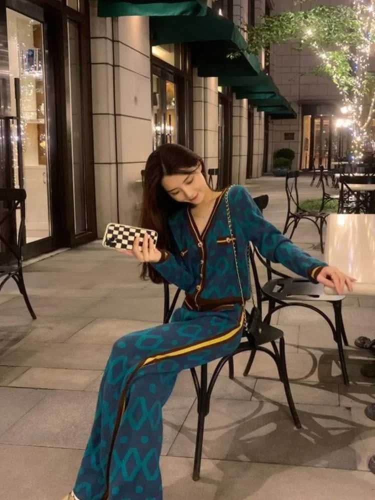 Women's Two Piece Pants Womens Trouser Knitted Printed Crochet Spring and Autumn Womens Pants Two Piece Set Sweater Wide Leg Party New Competitio