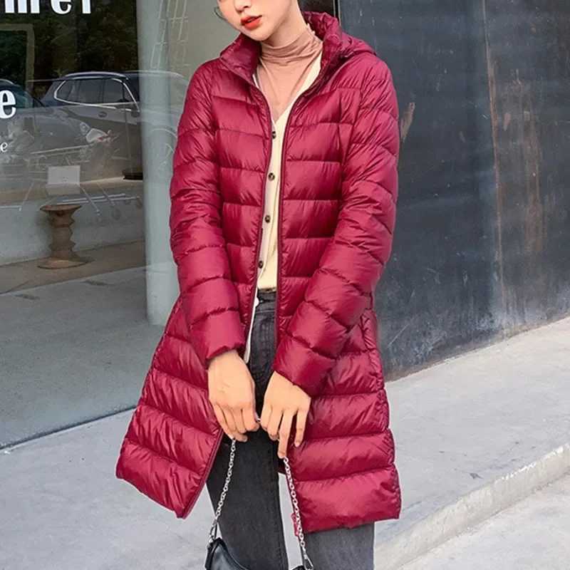 Winter Women Slim Down Coats Remove Hooded Parka Solid Color Female Long Light Thin Outerwear Lady Fashion Warm Puffer JacketsX241019