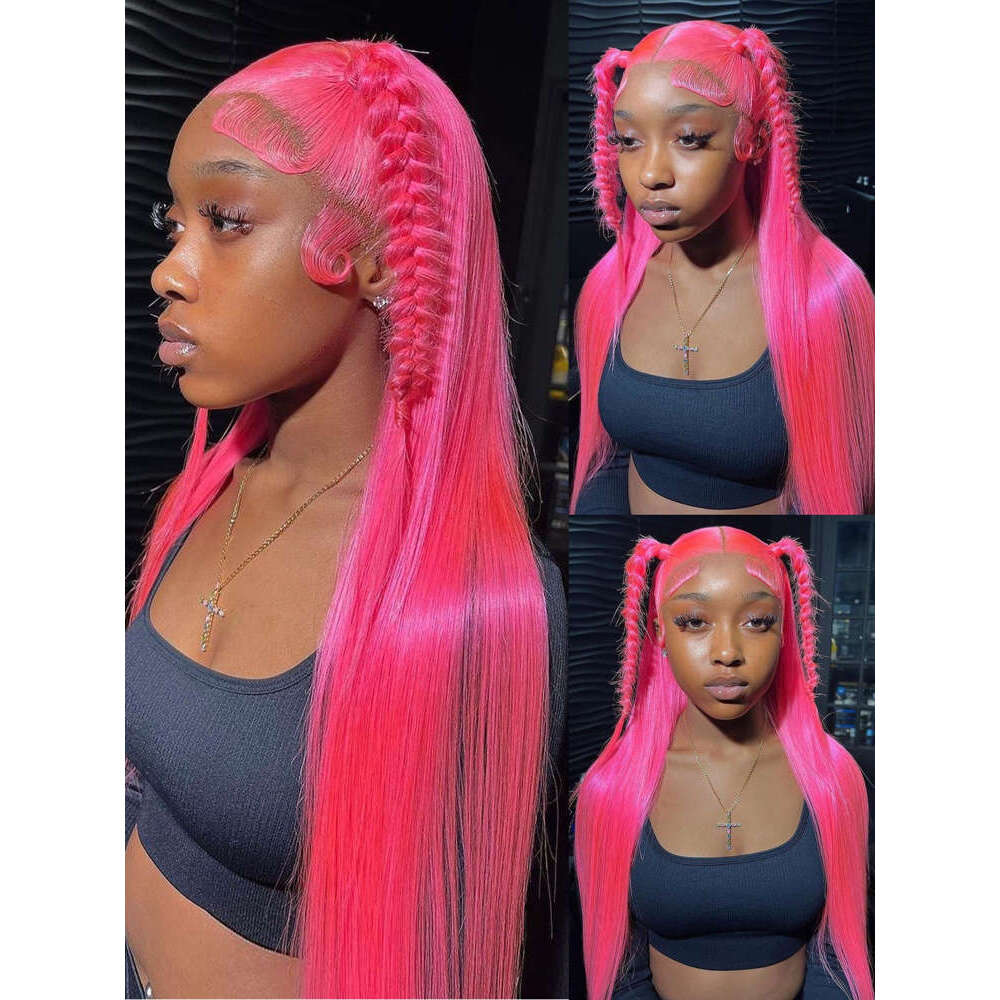 30 36 inch Hot Pink Transparent Front Wig 13x6 Lace Frontal For Women Long Straight Colored Human Hair Wigs