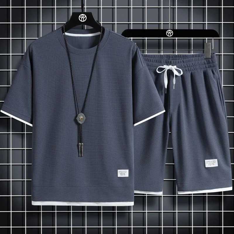 2024 Summer New Mens Waffle Set Casual T-shirt Set Two Round Neck Solid Color Sports Shirts Loose Size Clothes W241018