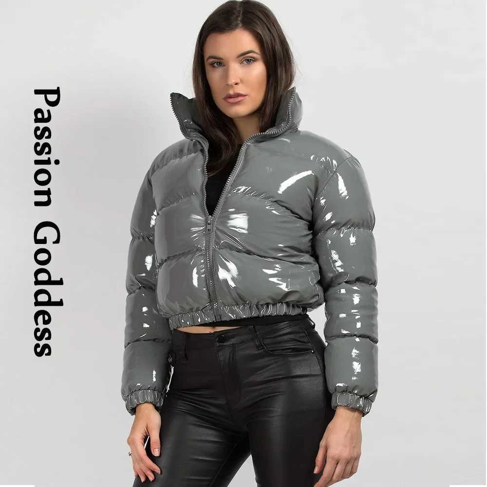 Women's Down Parkas Winter Women Shiny PU Leather Puffer Jackets Thick Cropped Parkas Down Warm Bubble Coats Cute Grey Bright Leather Parka Jacke