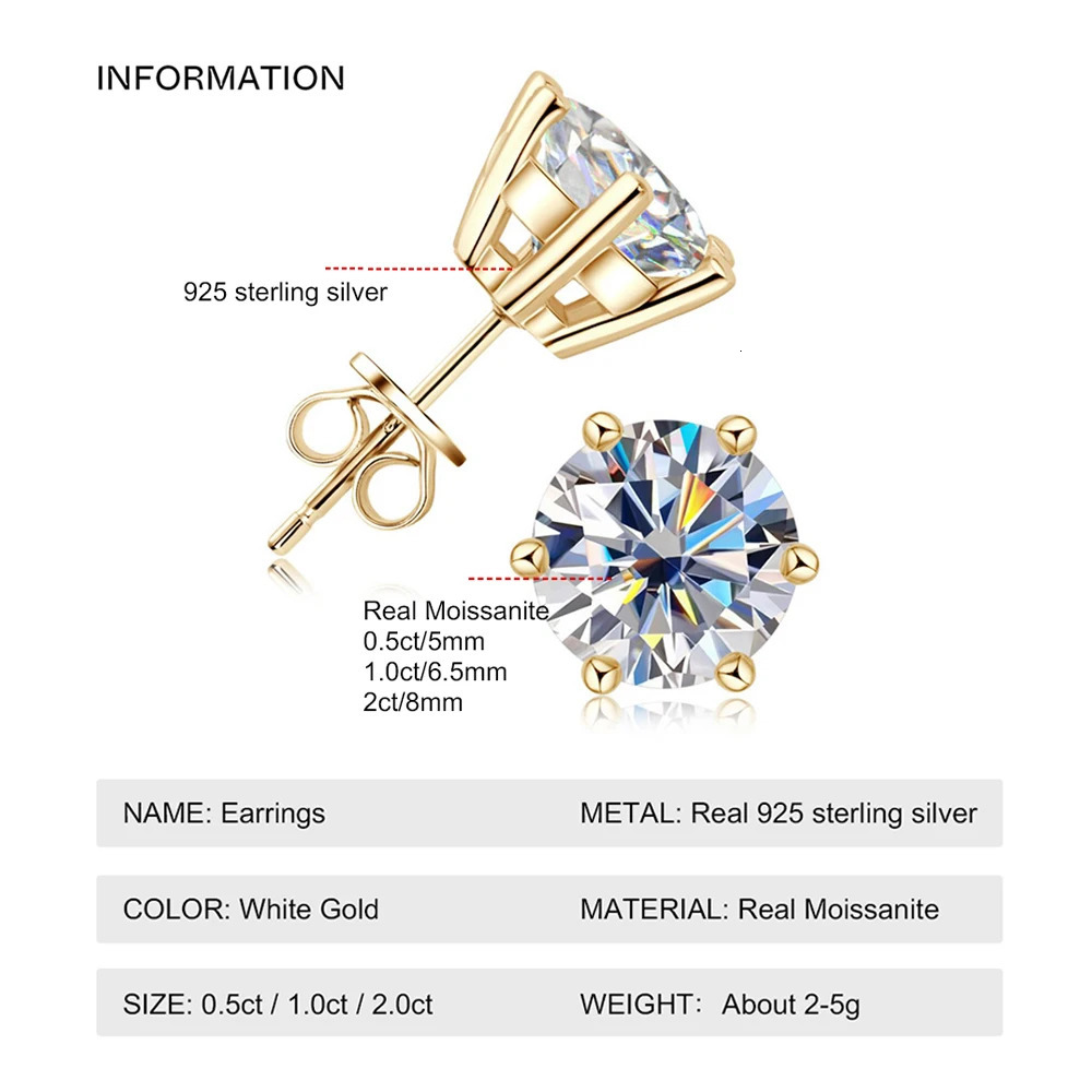 0.5-2ct Diamond Stud Earrings 18K Yellow Gold Plated 925 Silver Wedding Earrings Suitable for Luxury Jewelry for Women and Men with GRA 241018