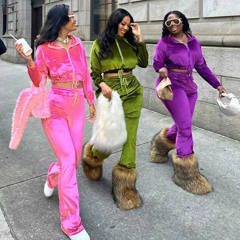 Women's Two Piece Pants Fashion Women 2 Piece Velvet Tracksuits Sets Zipper Sweatshirts High Waist Drawstring Straight Sweatpants Two Piece Outfi