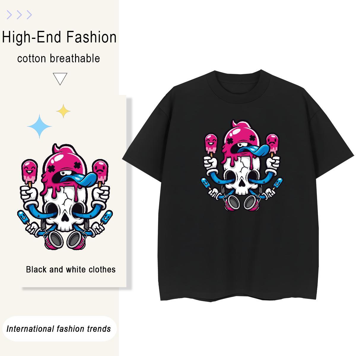Casual New T shirt 230g Cotton Breathable Short Sleeve Beach skull Tshirt for Man Woman Unisex White Plus Size Tops