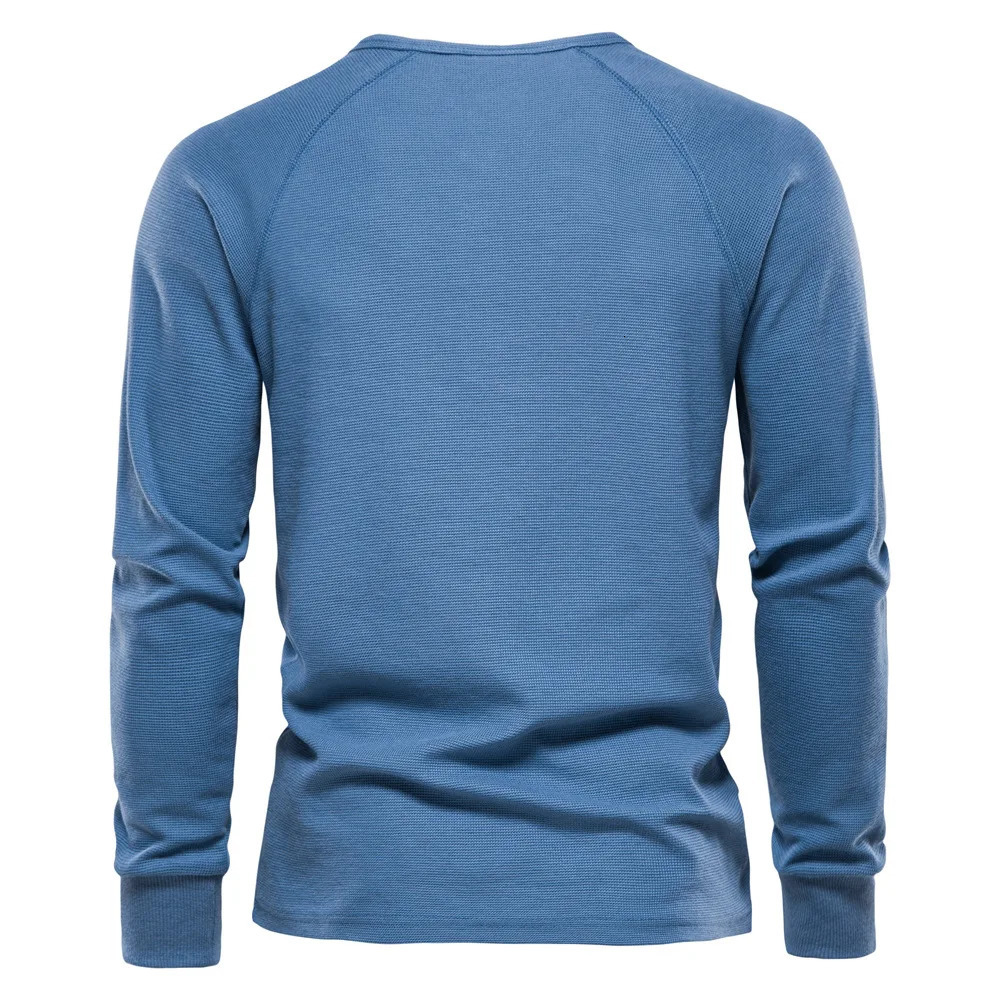 Long Sleeve Mens Waffle Henley Collar Mens Top T-shirt Solid Color Floral Mens T-shirt 241018