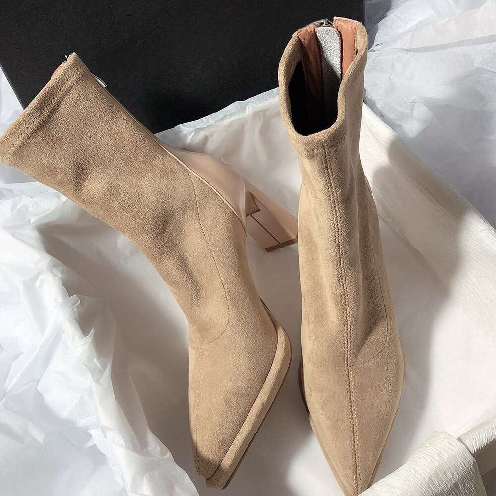 Designer High Heels Booties High Quality Waterproof Platform Solid Color Slim Boots Thick Heel Pointed Toe, Women's Boots, Back Zipper, Easy To W