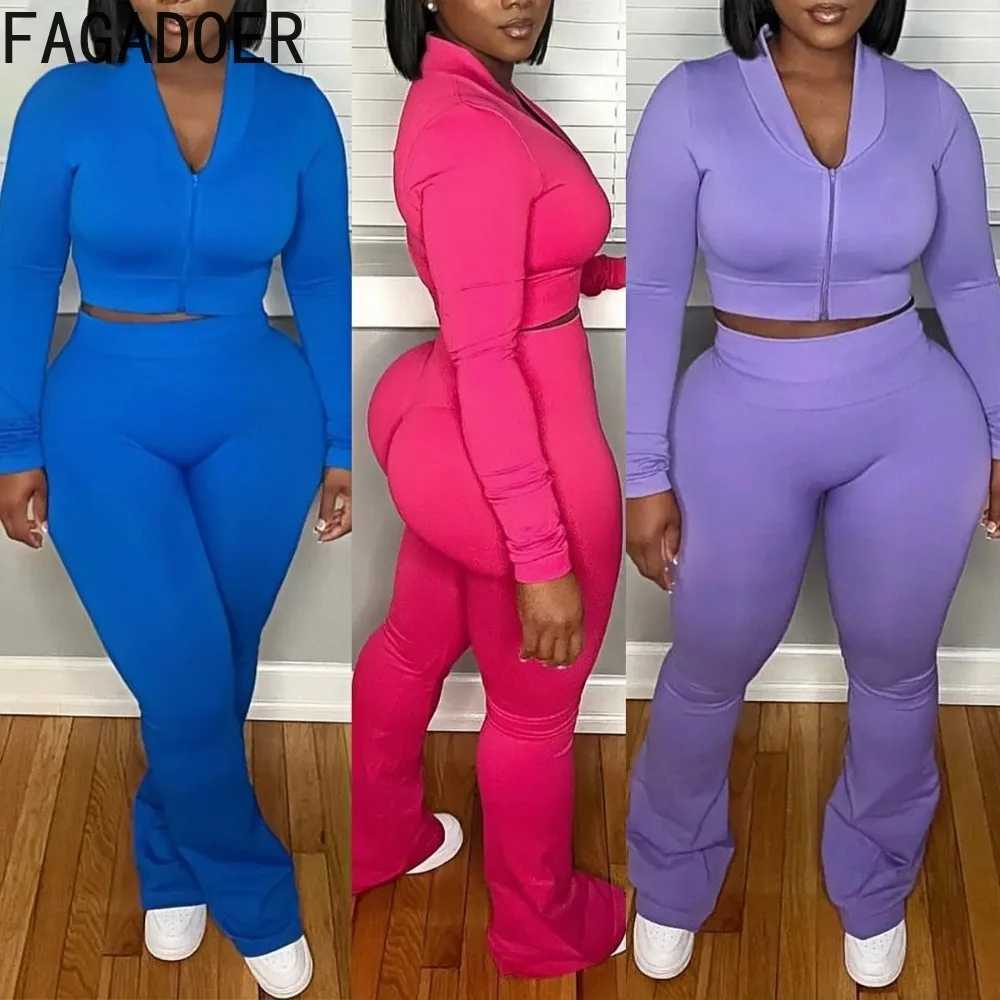 Women's Two Piece Pants FAGADOER Autumn New Quality 2 Piece Sets Outfit Women Long Slve Zip Crop Top + High Waist Flare Pants Suit Sporty Strtwea