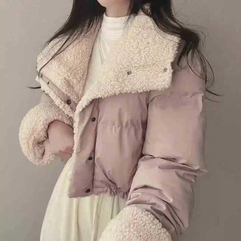 Women's Down Parkas Womens short cotton jacket single breasted lapel sheepskin velvet jacket autumn thick warm cotton jacket Y241019EGJ4