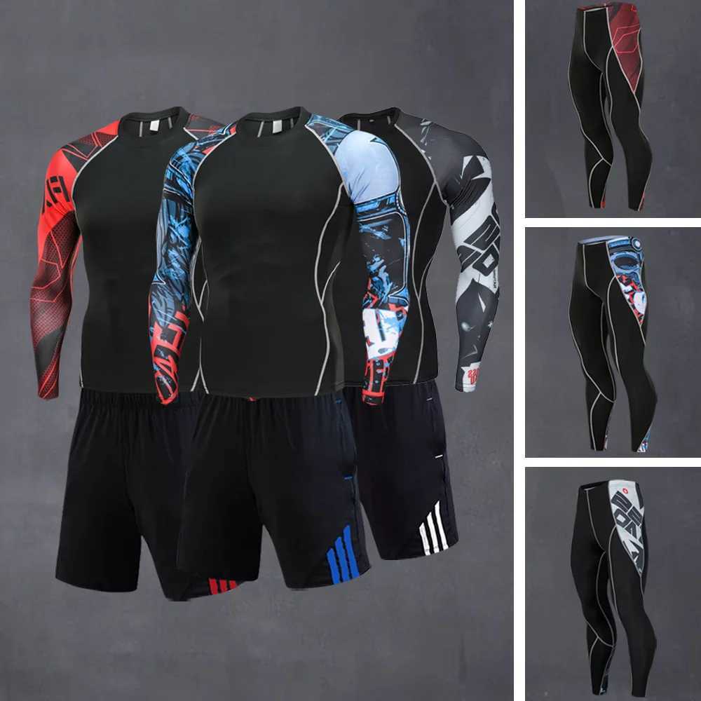 Quick drying 2-piece/set mens rash guard mens MMA compression clothing mens long sleeved T-shirt+tight fitting mens clothing W241018