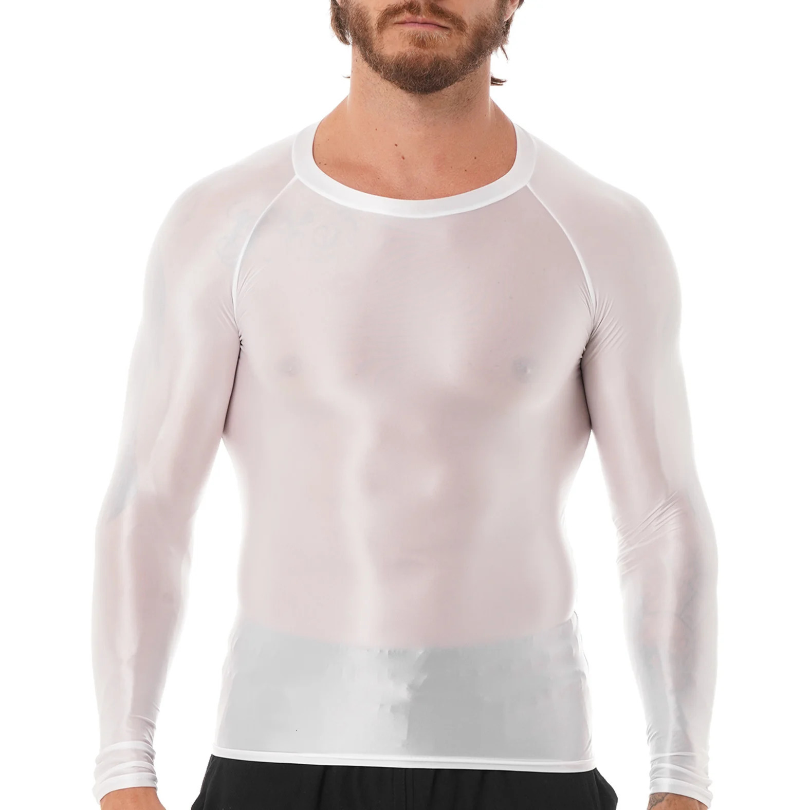 Mens clothing smooth O-neck long sleeved T-shirt solid color slim fit breathable shirt top gym jogging yoga sportswear 241018