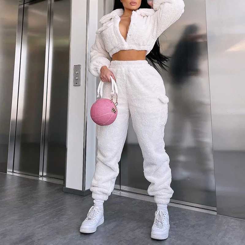 Womens Two Piece Pants Two piece set of womens white Flce sportswear and hooded sweatshirt for runners high waisted pants for autumn and winter womens