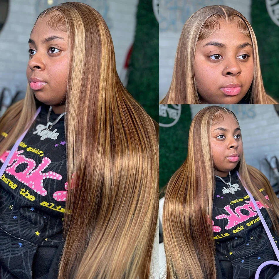 250 Density 13x4 HD Frontal 4/27 Highlights Blonde Colored Wigs Brazilian Straight Lace Front Human Hair Wig