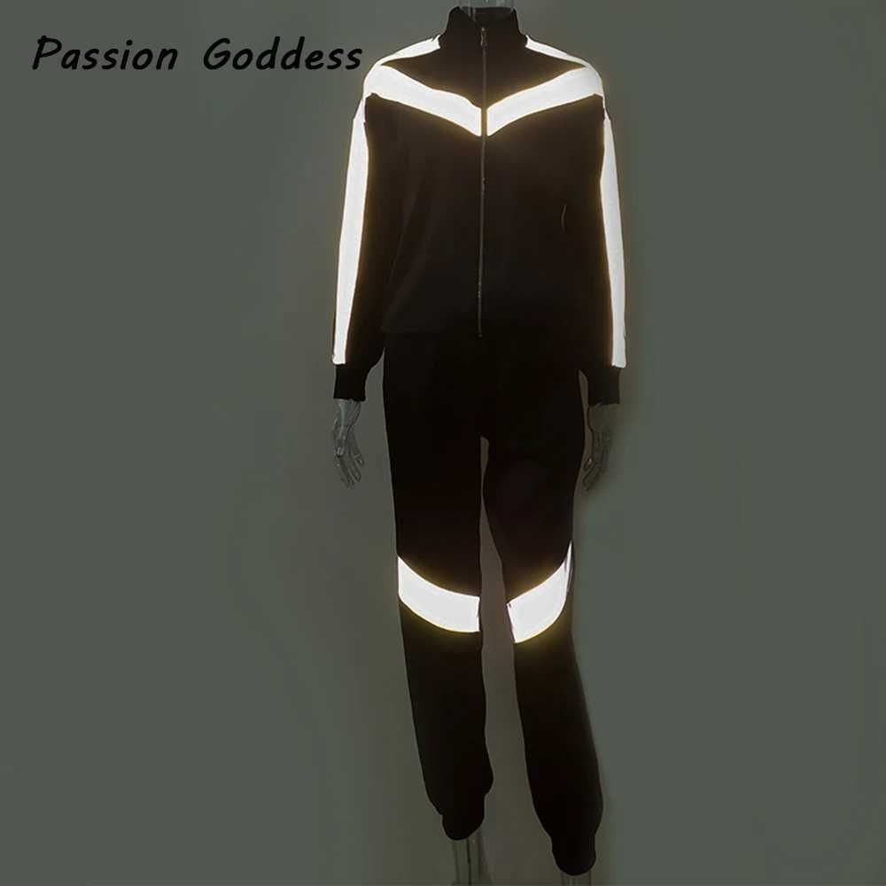 Women's Two Piece Pants Women 2 Piece Reflective Tracksuits Set Loose Jogger Outwear Baseball Bomber Jackets Zipper Sweatsuits Long Sweatpants Co