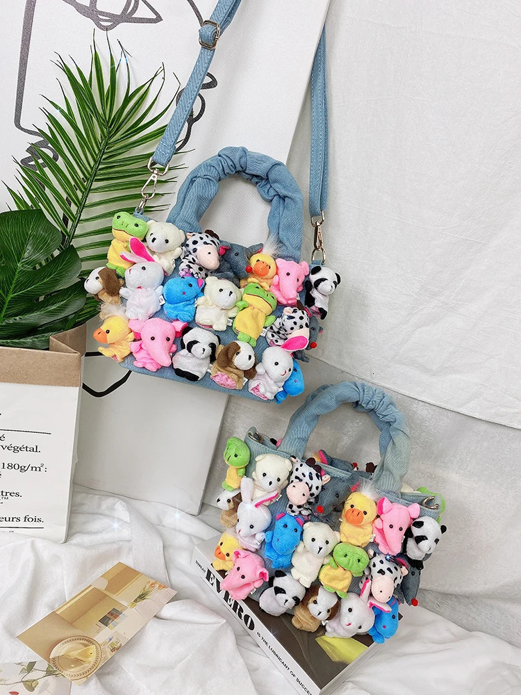 Fashionable womens denim bucket cartoon toy decoration handbag and wallet womens cute doll shoulder bag cross body bag 241018 ww
