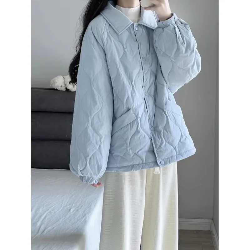 Women Autumn Winter Korean Loose Solid Color Thin Down Jackets Ladies Casual Turn-down Collar Long Sleeve All-match Trend CoatX241019