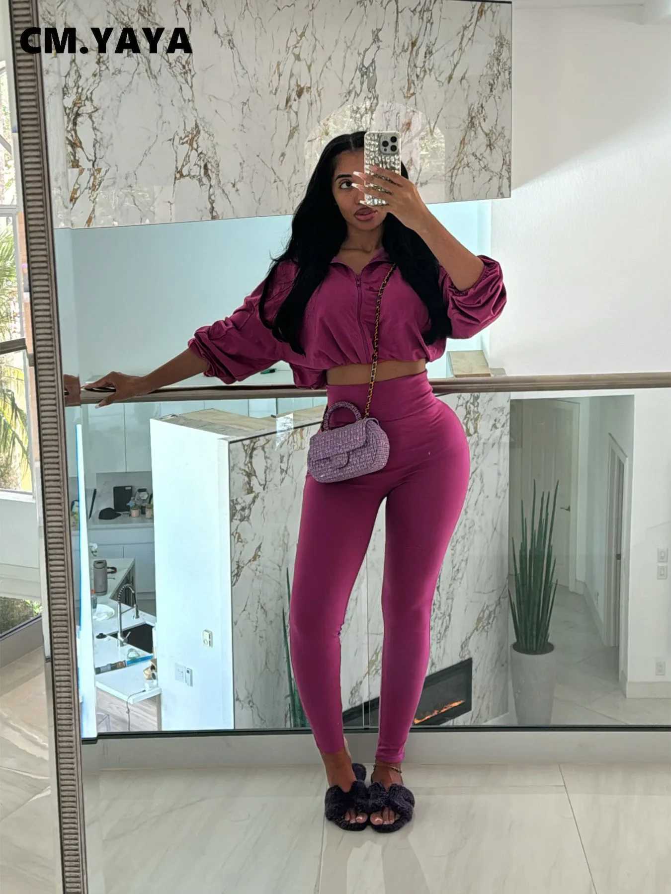 Women's Two Piece Pants CM.YAYA Womens Set Active Full Set Sleve Top+Pencil Pants Set Strt Sports Shirt Two Piece Set Track and Field Wear 2024 A