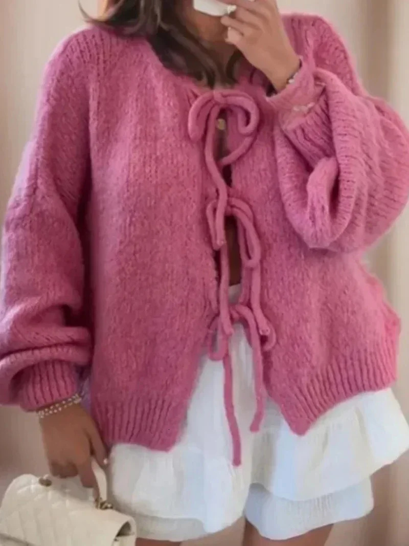 Korean Crewneck lace knitted cardigan autumn winter solid color commuting womens cardigan 241018