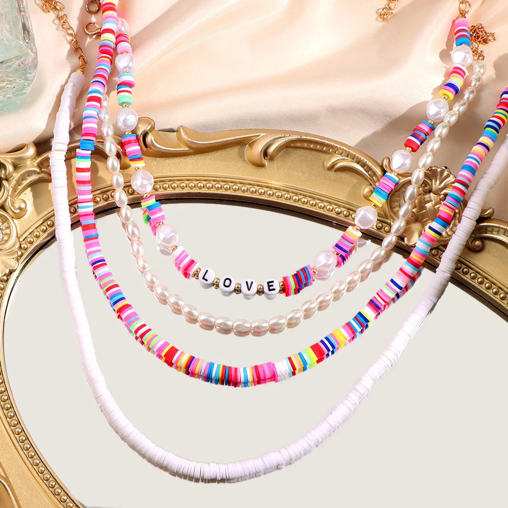 Bohemian Love Letter Colored Polymer Clay Bead Necklace Suitable for Women Baroque Pearl Necklace White Surfing Beads Womens Necklace Set 241018