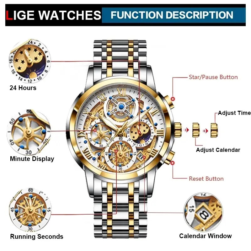 LIGE Mens Watch Sports Quartz Waterproof Timing Military Hollow Relogio Masculino 241009