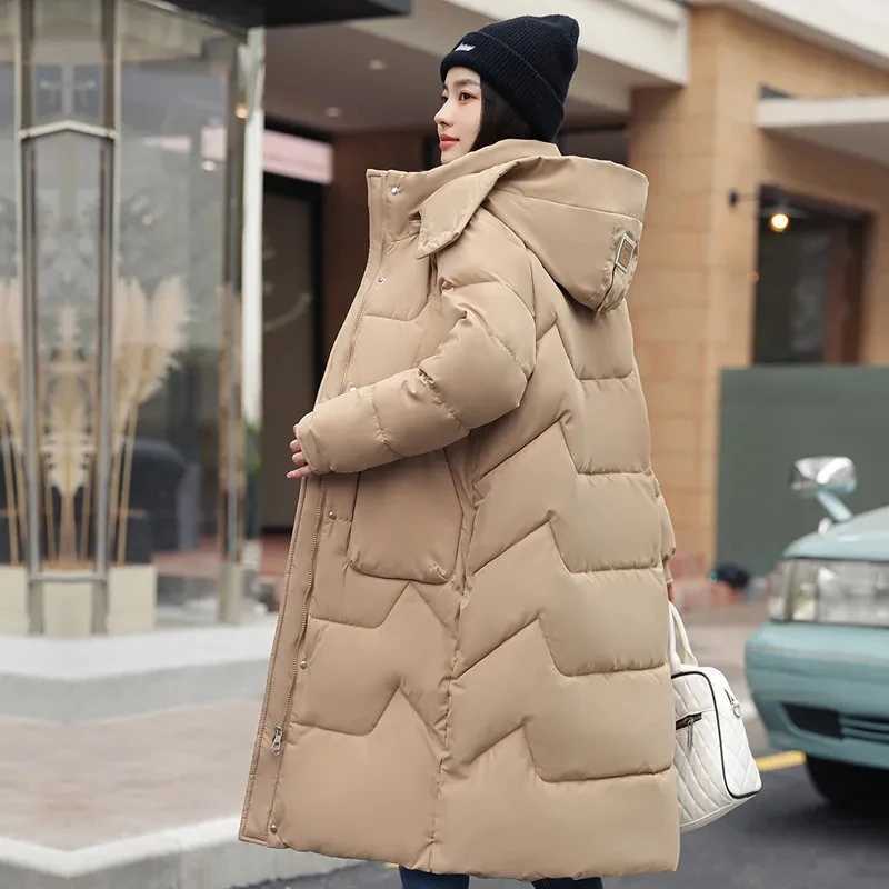 2023 New Winter Long Down Cotton Jacket For Women Zipper Hooded Parkas Coat Female Loose Padded Thicken Warm Snow Wear JacketsX241019