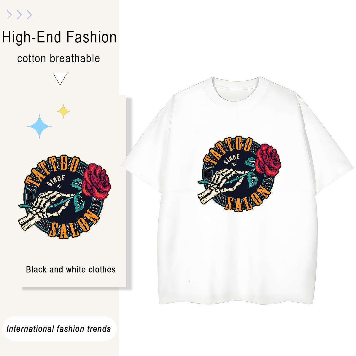 TOP Quality T Shirts Women 100% Cotton 230g Breathable Short Sleeve Outdoor skull Tshirt for Man Woman Unisex Cartoon Floral Printing Tees