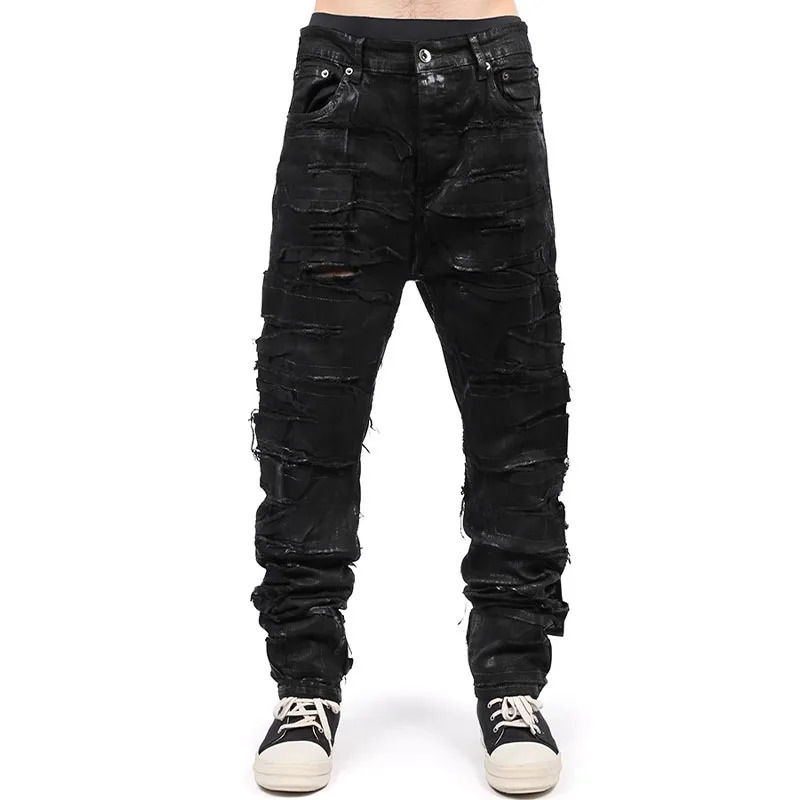 Dark Coating Wax Brushing Erosion Hole Jeans Men Ripped Casual Denim Pants Street Hip Hop Black Trousers 241010
