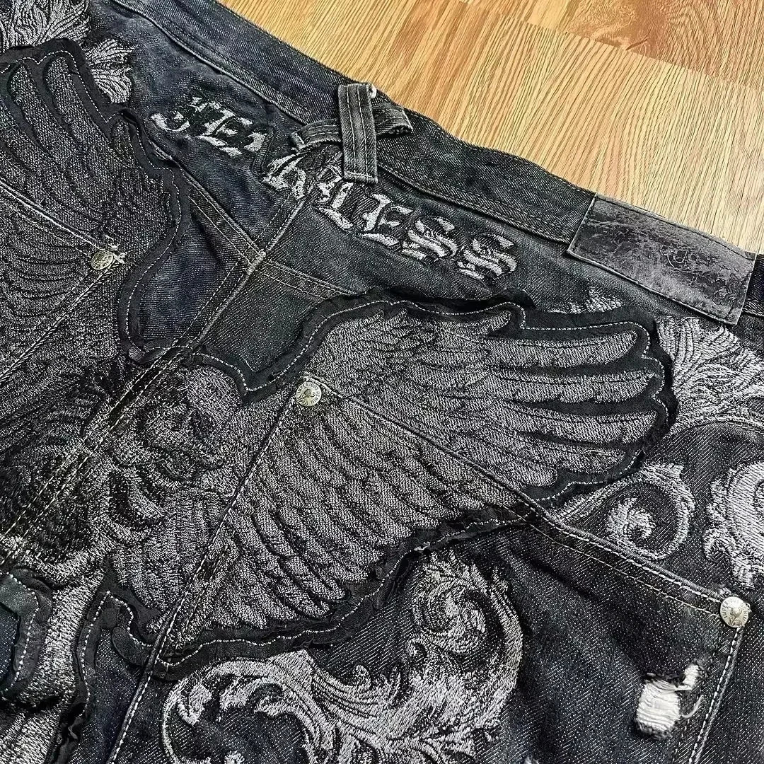 American Y2K fashion pattern embroidered loose jeans mens street casual clown mop oversized wide leg jeans couple jeans 241007
