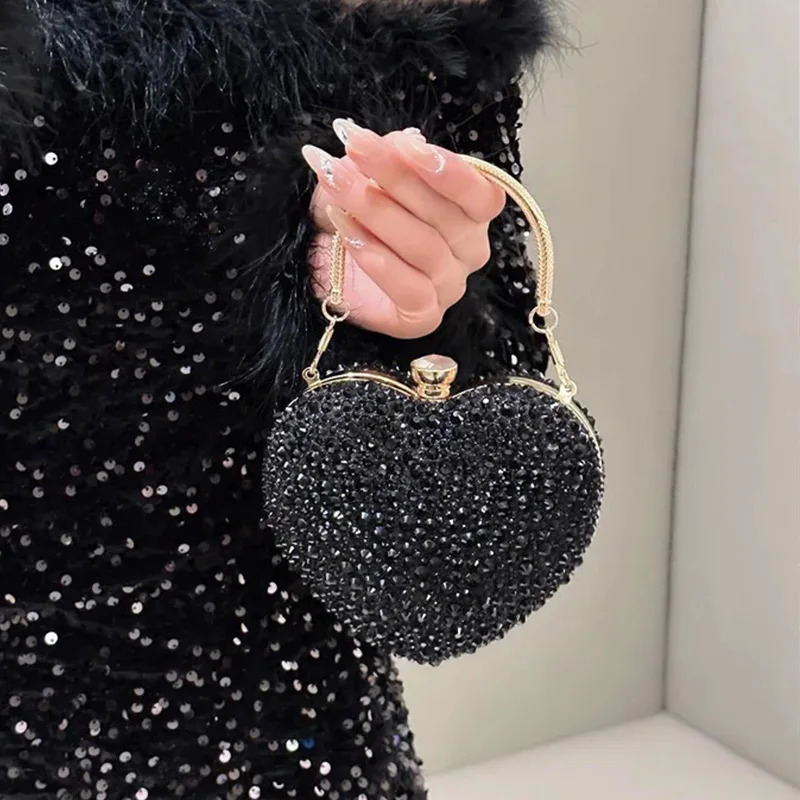 Ladies diamond set heart-shaped red crystal clutch wallet stone evening party shoulder bag rhinestone handbag 241018