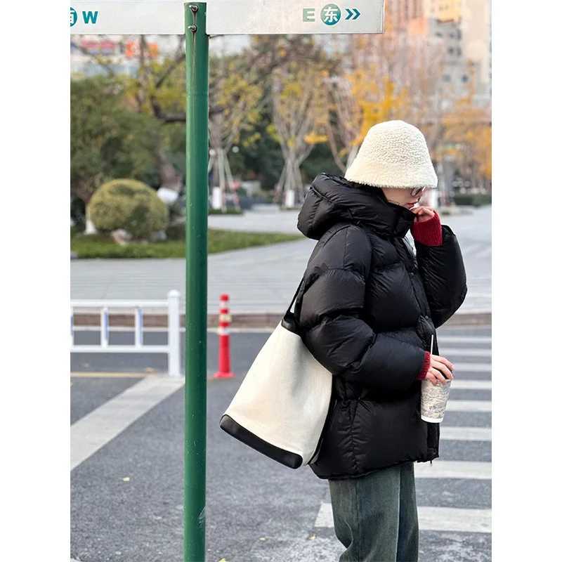 Hooded Down Jacket For Women Medium Length Gathered Waist Thickened And Soft 90% White Duck Down Puffer CoatX241019