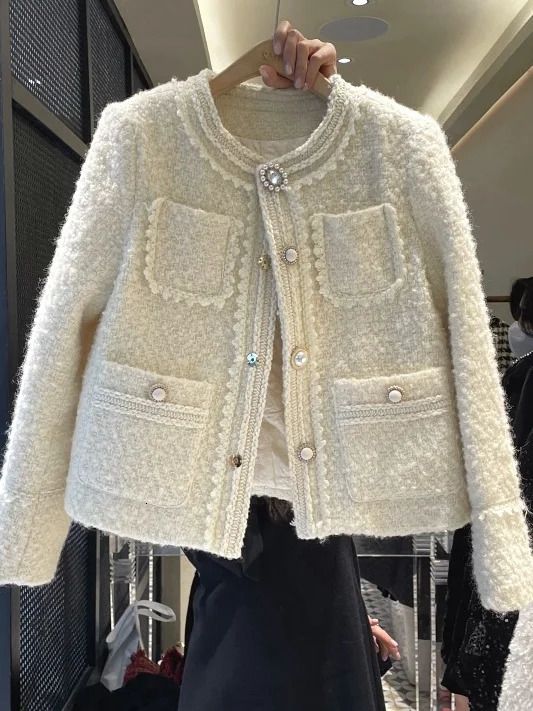 GkyocQ Sweet Girls Celebrity Tweed Coat Elegant O Neck Long Sleeve Single Row Buttons Short Jackets Pretty Female Coats 241019