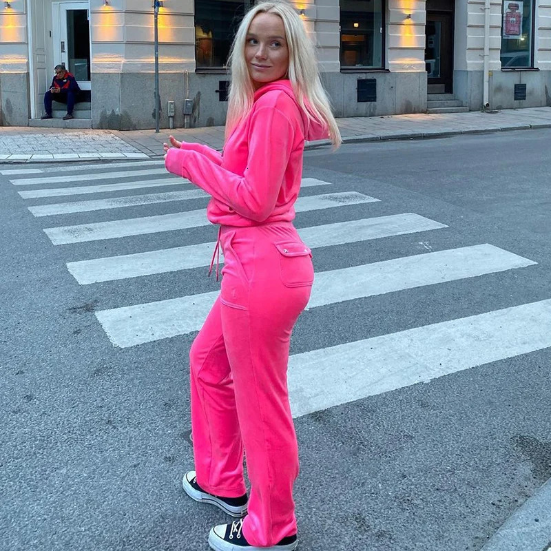 Women Solid Tracksuit Pocket Velvet Outfit Two Piece Set Sewing Suits Jogging Set Velour Hoodie Sweatshirt And Pants Suit Y2k 241010