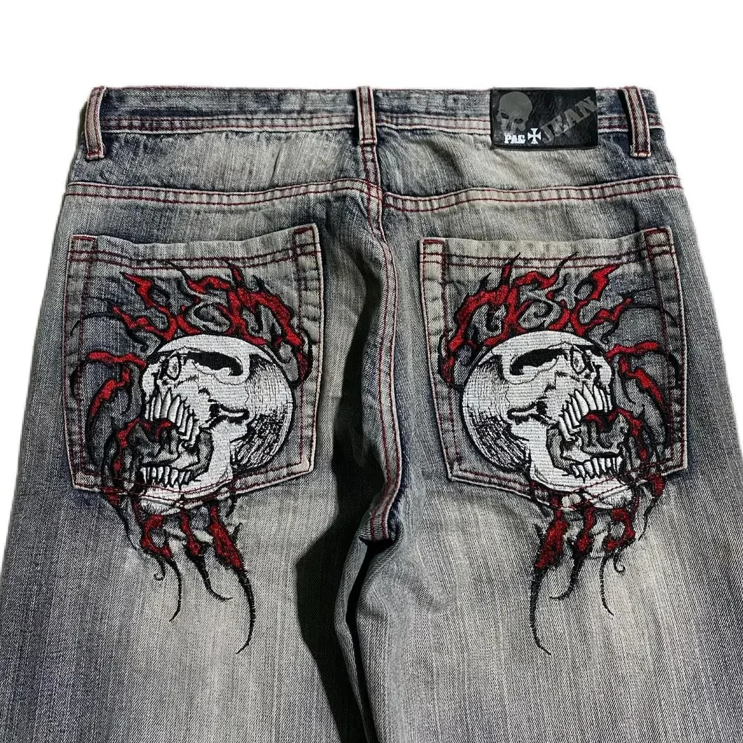 retro skull embryo fashionable high waist wide leg jeans loose floor pants suitable for men and women y2k 241007