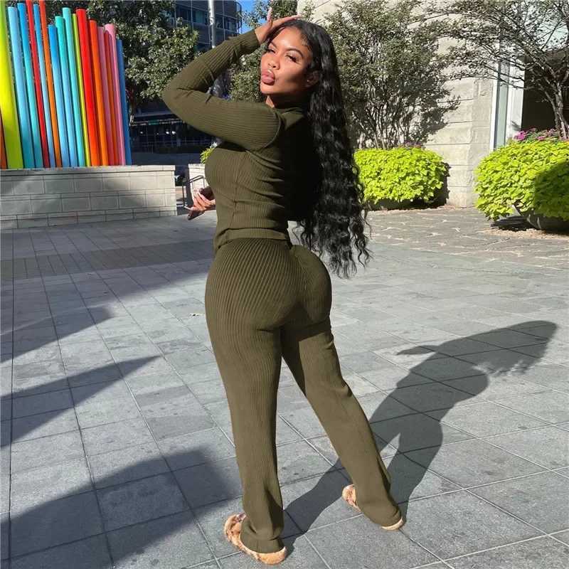 Women's Two Piece Pants Solid knit ribbed two-piece womens winter jacket warm long and wide leg pants matching set casual wear Y241019P30J