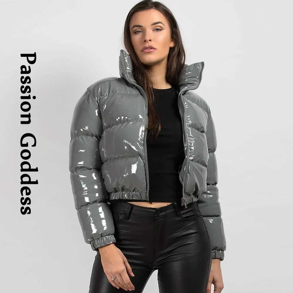 Women's Down Parkas Winter Women Shiny PU Leather Puffer Jackets Thick Cropped Parkas Down Warm Bubble Coats Cute Grey Bright Leather Parka Jacke
