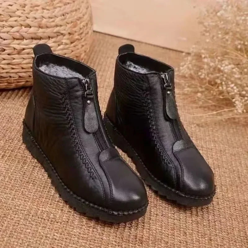Warm Womens Boots Winter Womens Leather Shoes Zipper Ankle Womens Boots Round Toe Flat Plush Snow Ankle Boots Sports Shoes 241018
