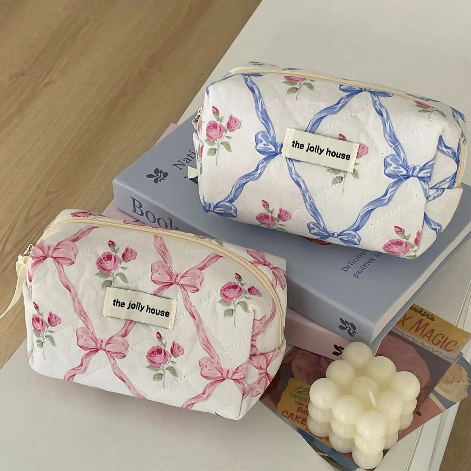 Cute Bow wer Quilting Cotton Makeup Bag Women Zipper Cosmetic Organizer Female Cloth Handbag Portable Toiletry Case for Girls 241019 zhanyishengli