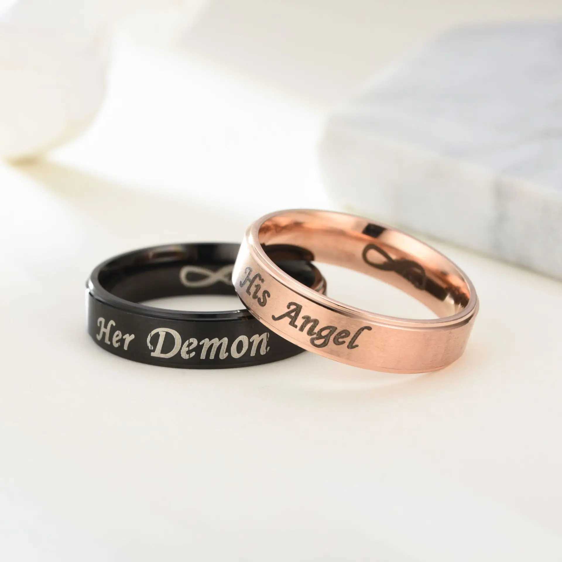 AsJerlya 6mm Couple Ring Her Devil His Angel Black Ring Stainless Steel Eternal Love Jewelry Accessory for Women Y241019