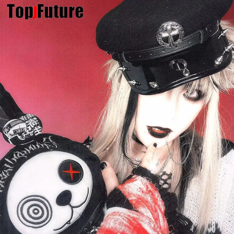 Harajuku Gothic Lolita Hat Womens Punk Chain Subculture Spicy Girl Stud Hat Womens Y2K Girl Accessories Lace Hat 241018