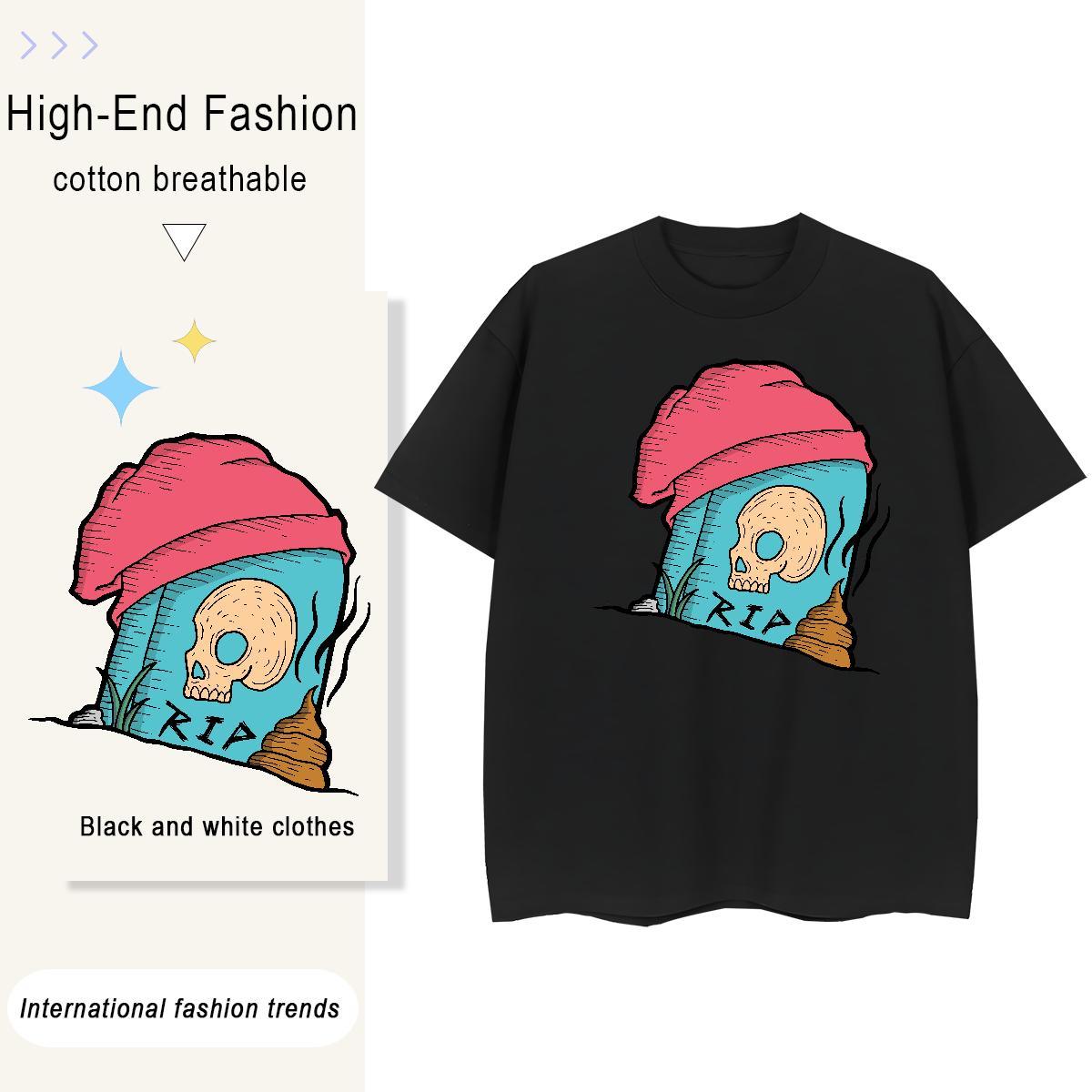 Classic T-Shirts for Women 230g Cotton Breathable Crew Neck Hip Hop Street skull Unisex Tshirts Brand Black White Polos