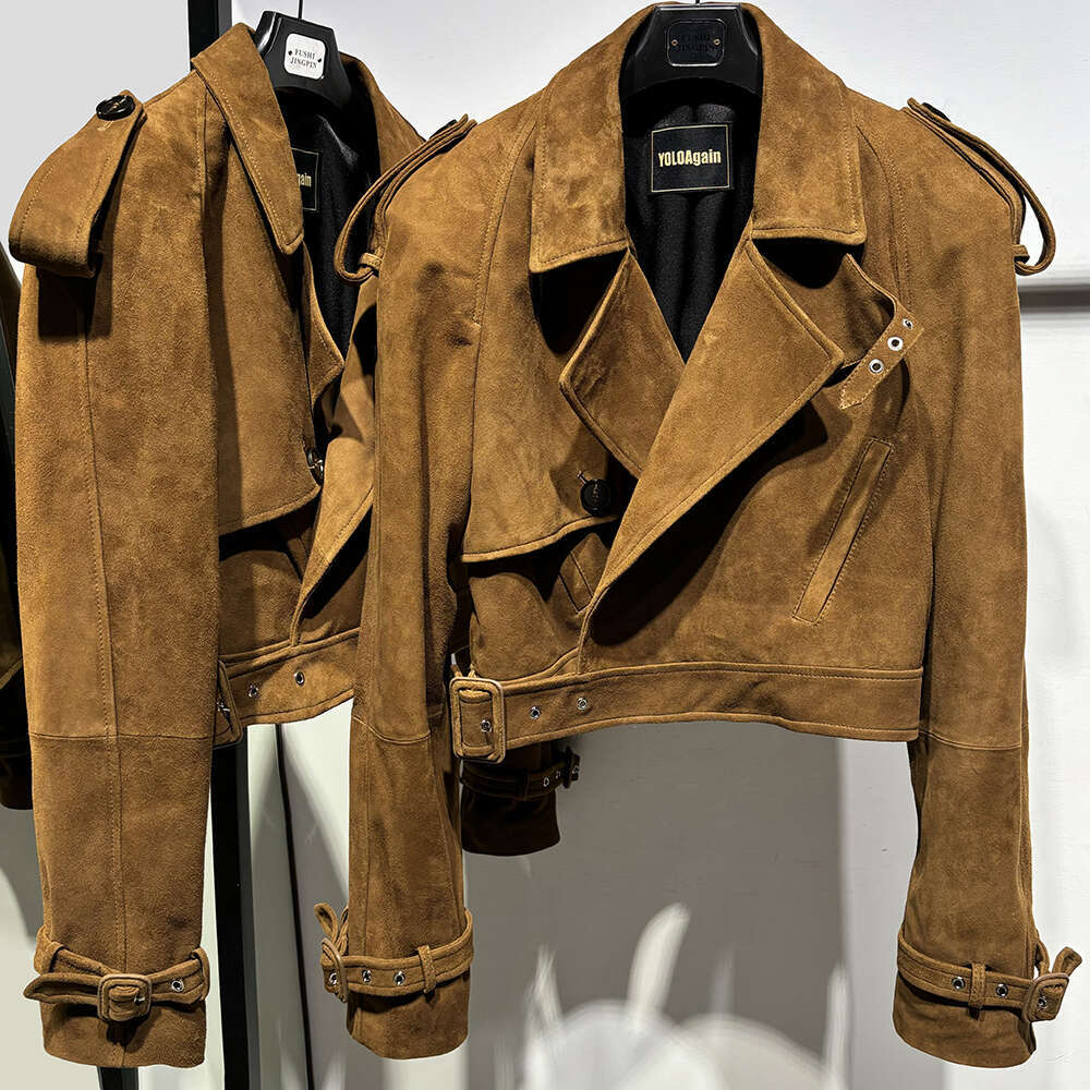 Yoloagain Dark Brown Suede Women's Leather Jacket Sheepskin Coat