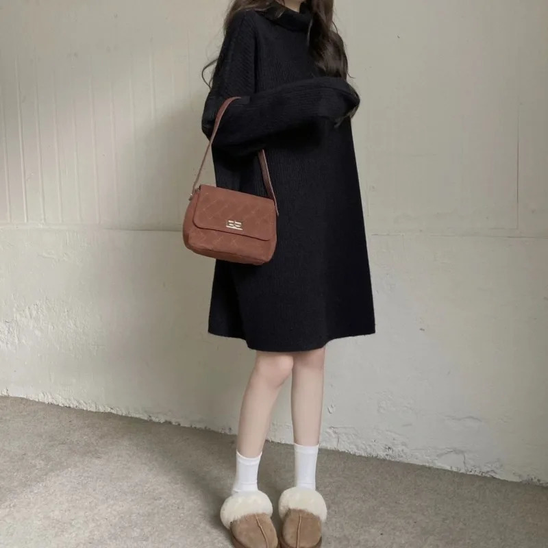 Turtleneck Warm Knitted Dress Women Autumn Winter Simplicity Solid Color Long Sleeve Midi Dress All-match Trend A-line Skirt 241010