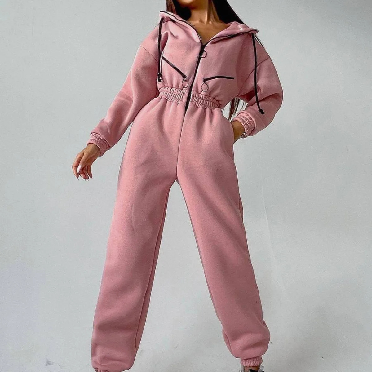 Female Long Sleeve Buttoned Jumpsuits Autumn Winter Casual Overalls Fleece Sport Jumpsuit Women Playsuit Sportswear 241018