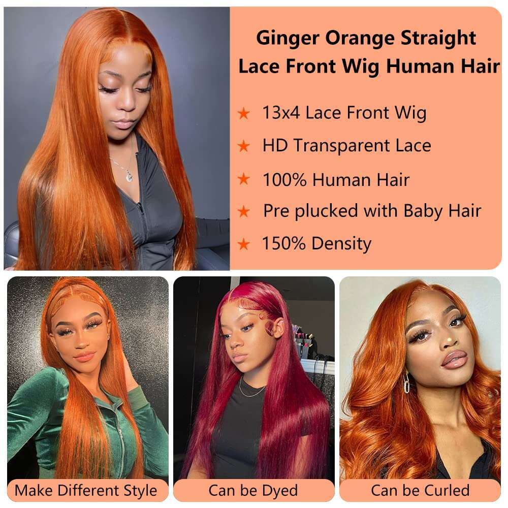 Remy 200 Density Transparent 13x6 HD Frontal Straight Lace Front Wigs Human Hair Ginger Orange Black Wig Witout Glue