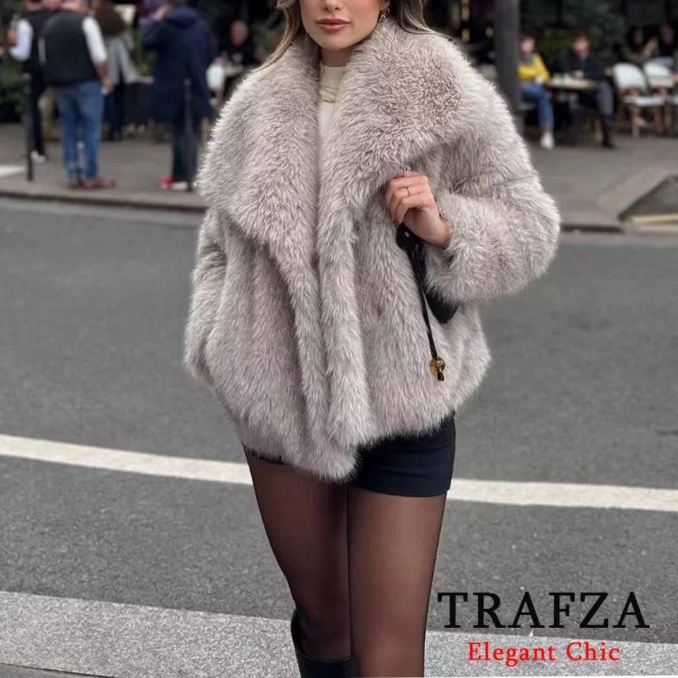 TRAFZA Womens Fashion Winter Solid Big Collar Coat Artificial Fur Coat Jacket Autumn Winter Slow Burgundy Black Grey Coat 241018