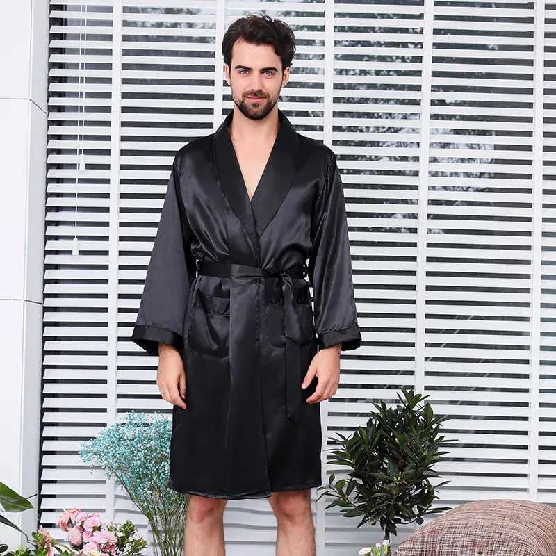 Large Size Men Robe Kimono Bathrobe Gown with Pocket Black Silk Satin Sleepwear Nightwear Spring Summer Homewear 5XL 6XL 7XLXJ241018